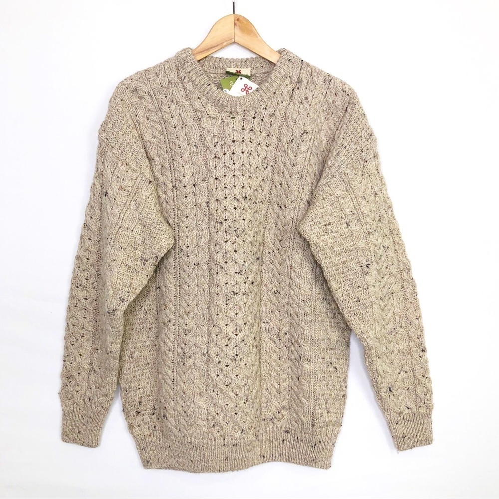 Carraigdonn tan Cable knit wool crew, neck pull over sweater